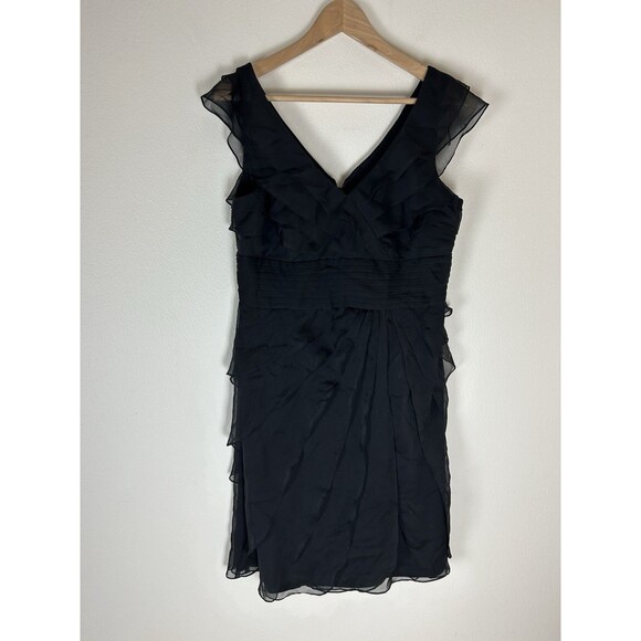 Vintage 12P Cocktail Dress Black Whimsigoth Ruffle Layered Tiered Black Silky - Picture 1 of 4
